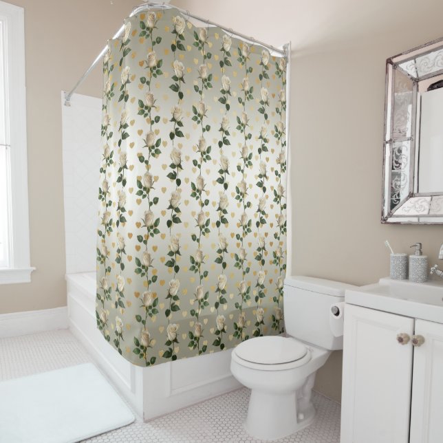 White Roses Gold Hearts Shower Curtain (In Situ)