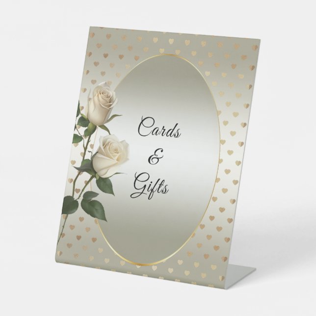 White Roses Gold Hearts Tabletop Signs (Front)