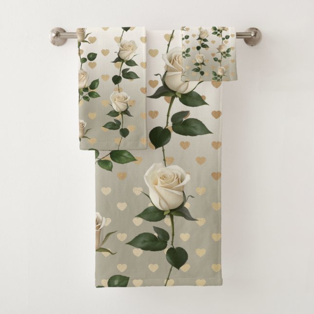 White Roses Gold Hearts Towel Set (Insitu)