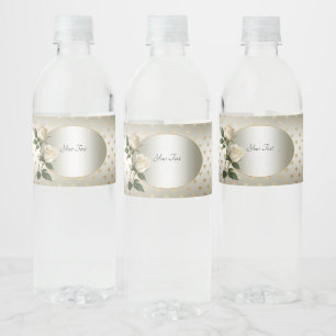 White Roses Gold Hearts Water Bottle Label