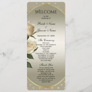 White Roses Gold Hearts Wedding Program