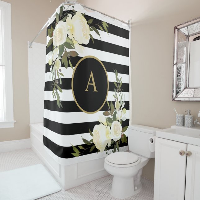 WHITE ROSES Gold Monogram Black White Striped (In Situ)