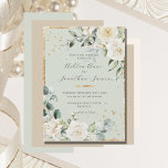 White Roses Gold Sage Green Elegant Wedding Invitation<br><div class="desc">Gorgeous elegant white roses & tiny daisies surrounded with a rustic gold frame & mixed greenery of eucalyptus with other watercolor leaves wedding invitation.  Just exquisite.  Faux gold splashes on front & back to create a chic look.</div>