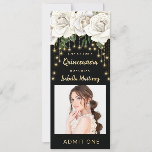 White Roses Gold String Light Quinceañera Ticket  Invitation (Front)