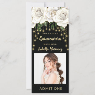 White Roses Gold String Light Quinceañera Ticket  Invitation