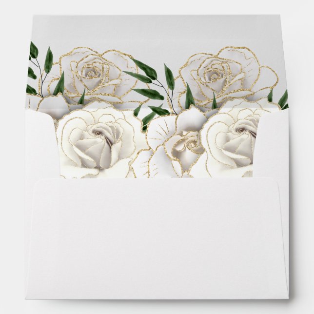 White Roses Gold Trim Elegant Formal Wedding Envelope (Back (Bottom))