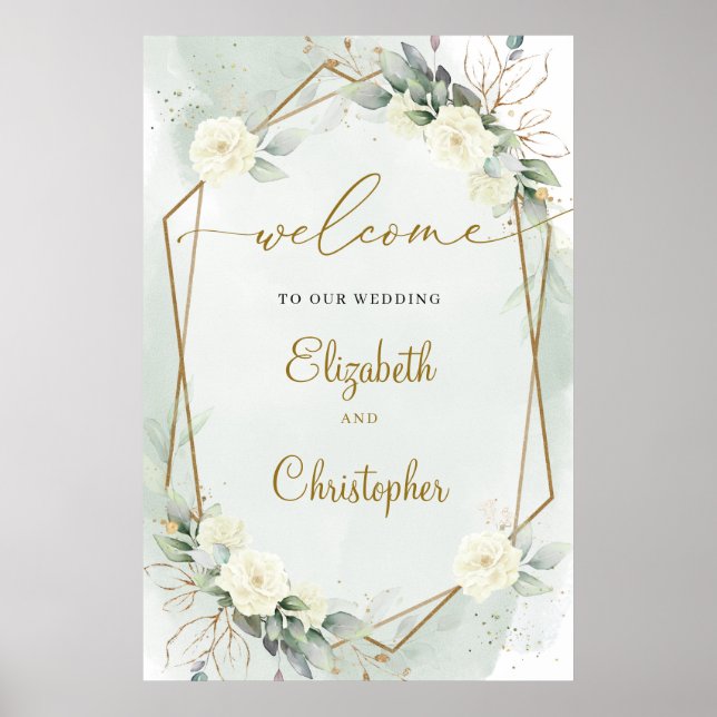 White Roses Green Eucalyptus Gold Geometric Poster (Front)