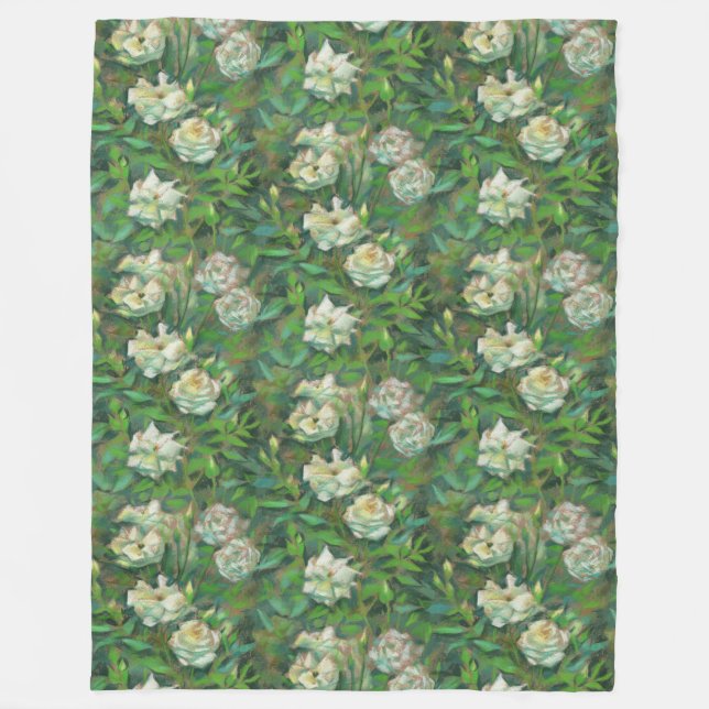 "White roses, green leaves", beautiful flowers Fleece Blanket (Front)