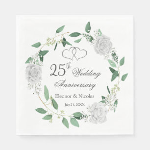 White Roses Greenery 25th Wedding Anniversary Napkin