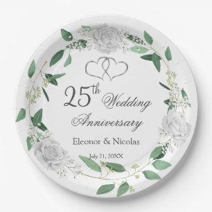 White Roses Greenery 25th Wedding Anniversary Paper Plate
