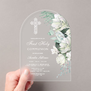 White Roses Greenery Arch First Communion Acrylic Invitations