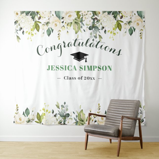 White Roses Greenery Floral Photo Grad Backdrop Tapestry (In Situ (Horizontal))