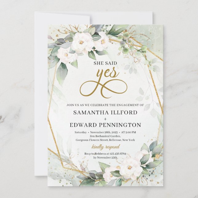 White roses greenery foliage gold she said yes invitation (Front)