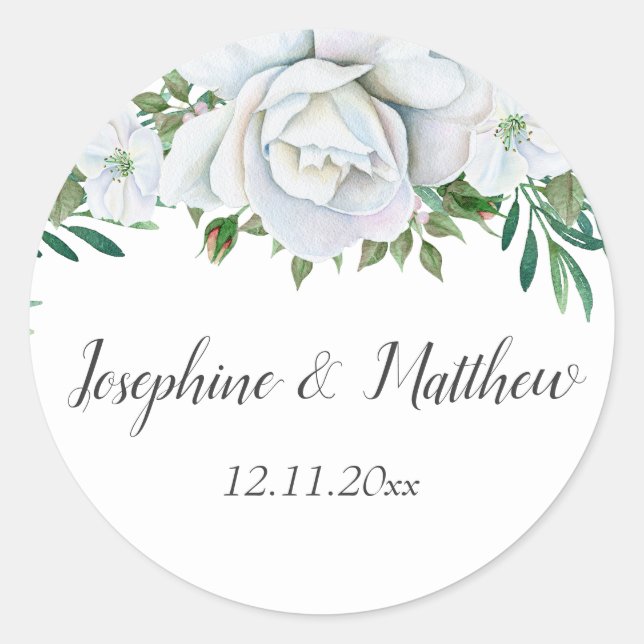 White Roses Greenery Foliage Wedding Classic Round Sticker (Front)