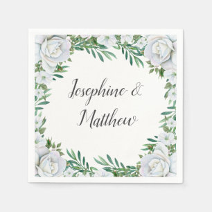 White Roses Greenery Foliage Wedding Napkin