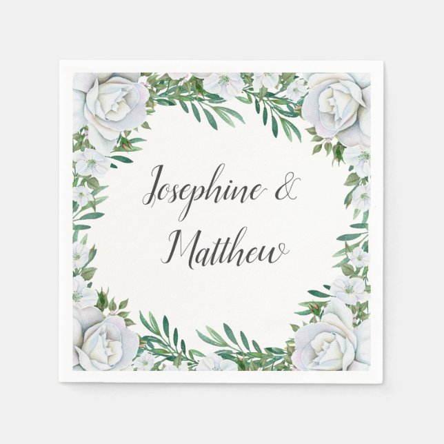 White Roses Greenery Foliage Wedding Napkin (Front)