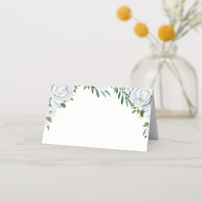 White Roses Greenery Foliage Wedding Place Card (Front)