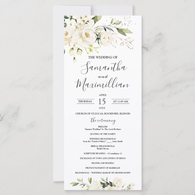 White Roses Greenery Foliage Wedding Program (Front)