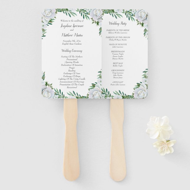 White Roses Greenery Foliage Wedding Programs Hand Fan (Front and Back)