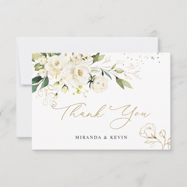 White Roses Greenery Foliage Wedding Thank You (Front)