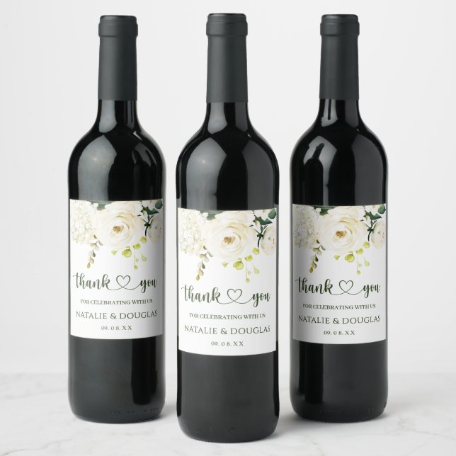 White Roses Greenery Foliage Wedding Wine Label (Bottles)