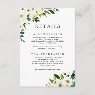 White Roses Greenery Wedding Details Card