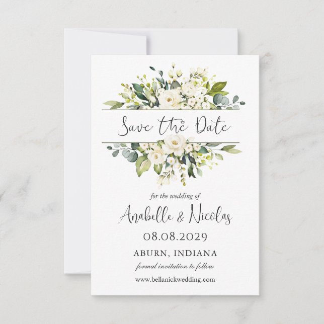 White Roses Greenery Wedding Save the Date (Front)