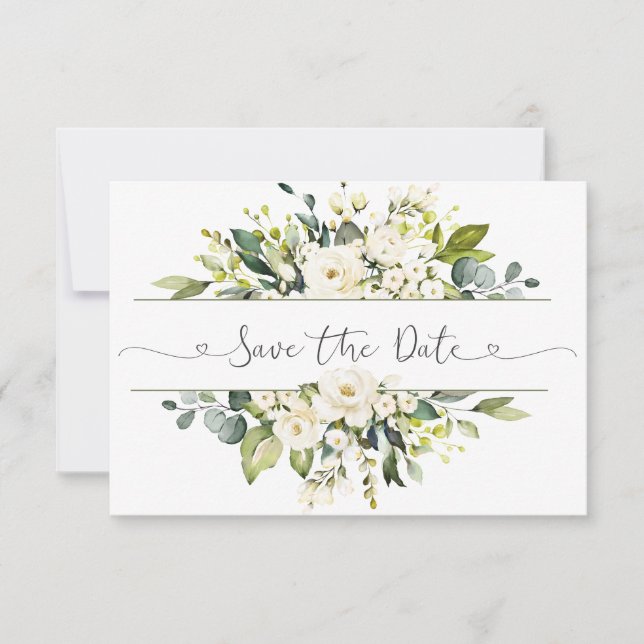 White Roses Greenery Wedding Save the Date  (Front)