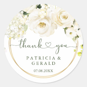 White Roses Heart Wedding Thank You  Classic Round Sticker