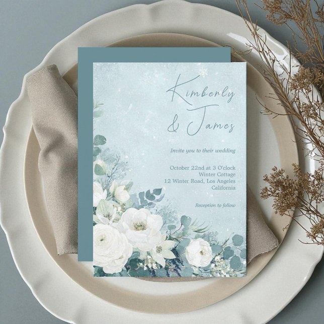 White Roses Hellebores Silver Eucalyptus Wedding Invitation (Creator Uploaded)