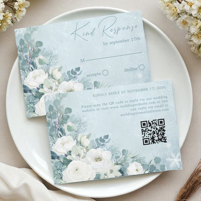 White Roses Hellebores Silver Eucalyptus Wedding RSVP Card (White Roses Hellebores Silver Eucalyptus Wedding RSVP Card)