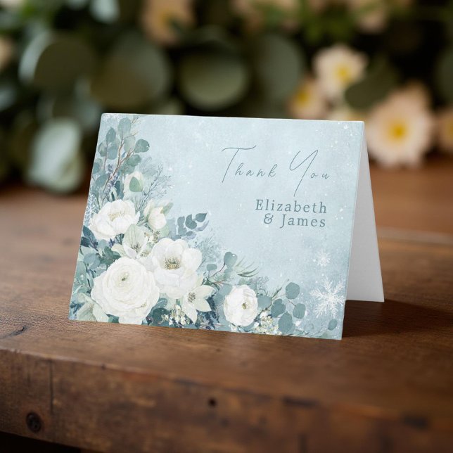 White Roses Hellebores Silver Eucalyptus Wedding Thank You Card (Creator Uploaded)