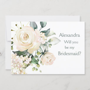 White roses, hydrangea Bridesmaid Proposal card