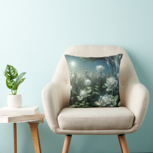 White Roses In Magical Garden Throw Pillow