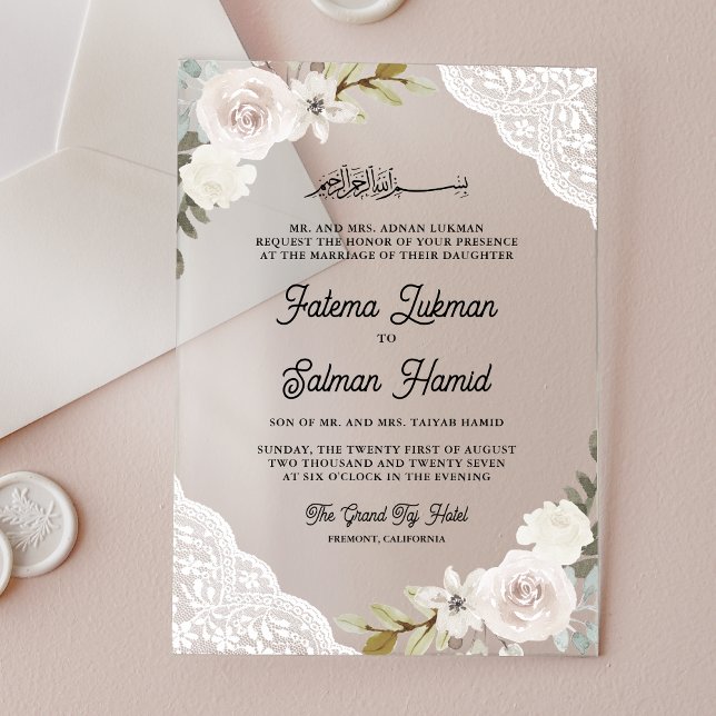 White Roses Lace Islamic Muslim Wedding Acrylic Invitations (Creator Uploaded)