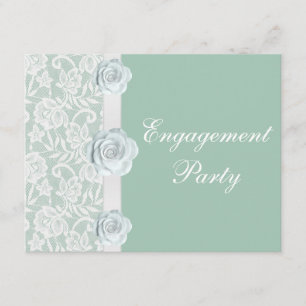 White Roses & Lace Mint Green Engagement Party Invitation