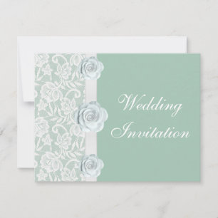 White Roses & Lace Mint Green Wedding Invitation