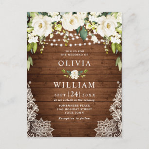 White Roses Lace Rustic Wedding Invitation Card