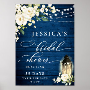 White Roses Lantern Blue Wood Bridal Shower Poster