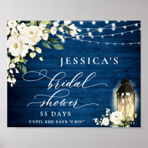 White Roses Lantern Blue Wood Bridal Shower Poster