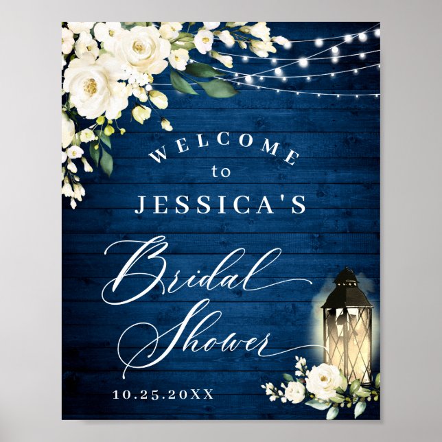White Roses Lantern Blue Wood Bridal Shower Poster (Front)