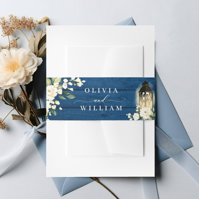 White Roses Lantern Blue Wood Wedding Invitation Belly Band (Creator Uploaded)