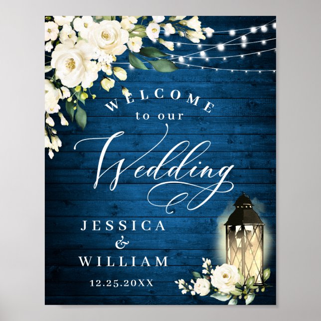 White Roses Lantern Blue Wood Welcome Wedding Poster (Front)