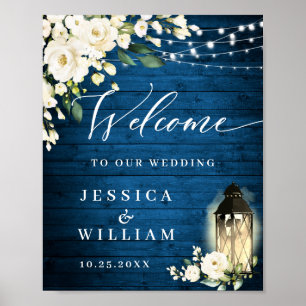 White Roses Lantern Blue Wood Welcome Wedding Poster