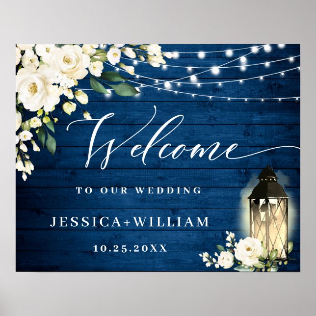 White Roses Lantern Blue Wood Welcome Wedding Poster (Front)