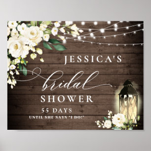 White Roses Lantern Brown Wood Bridal Shower Poster
