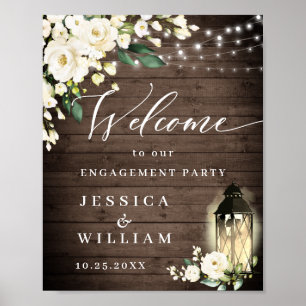 White Roses Lantern Rustic Wood Engagement Party Poster