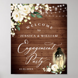 White Roses Lantern Rustic Wood Engagement Party Poster