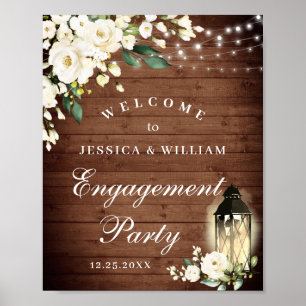White Roses Lantern Rustic Wood Engagement Party Poster