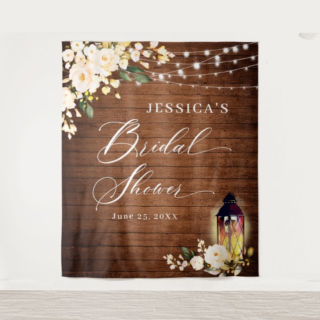 White Roses Lantern Wood Bridal Shower Backdrop Tapestry (Front)